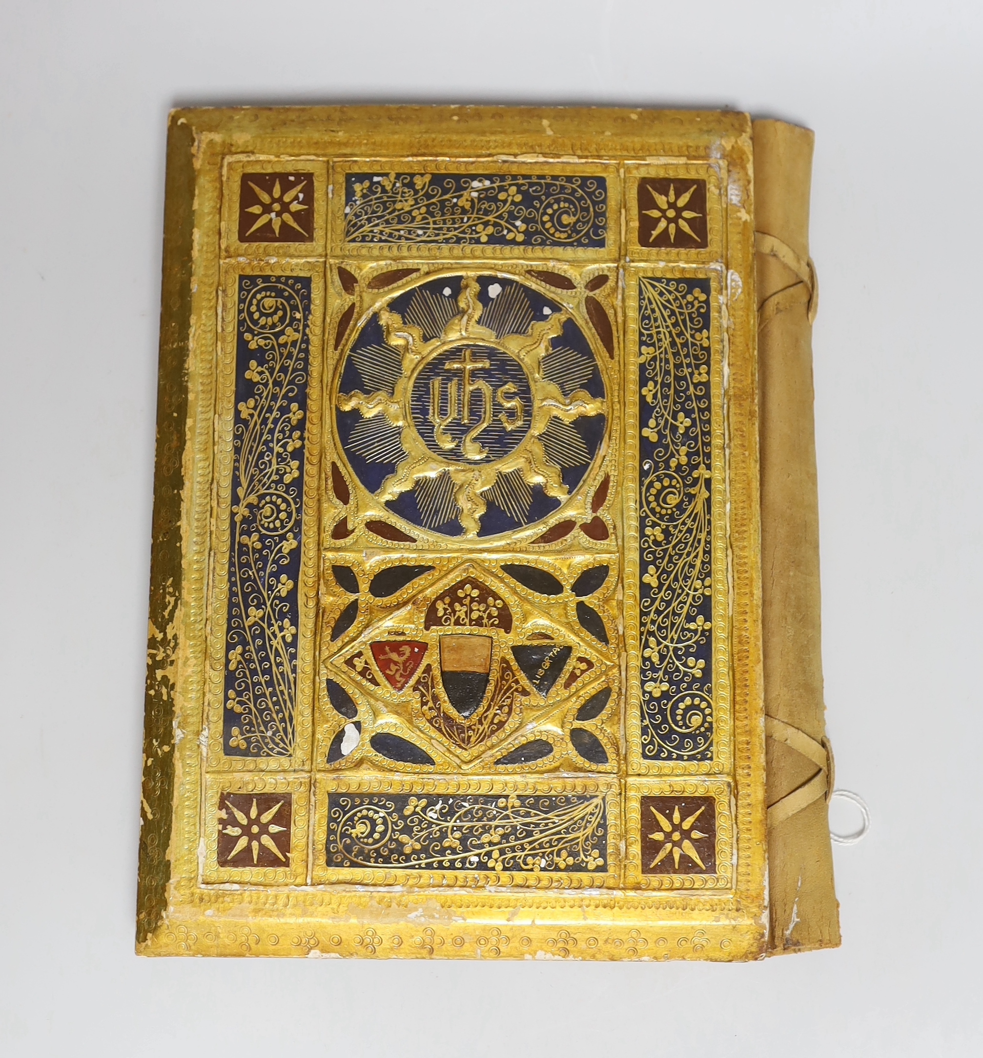 An 18th century European gilt and painted book cover, 29x21cm